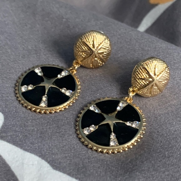 Black & Gold Star Coin Drop Earrings Crystals NWT - Picture 3 of 8
